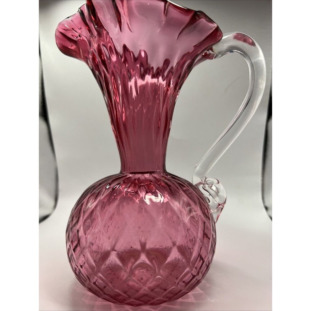 Vintage Rossi Hand Blown Diamond Optic Ruffled Edge Glass Pitcher 4" - 1960's